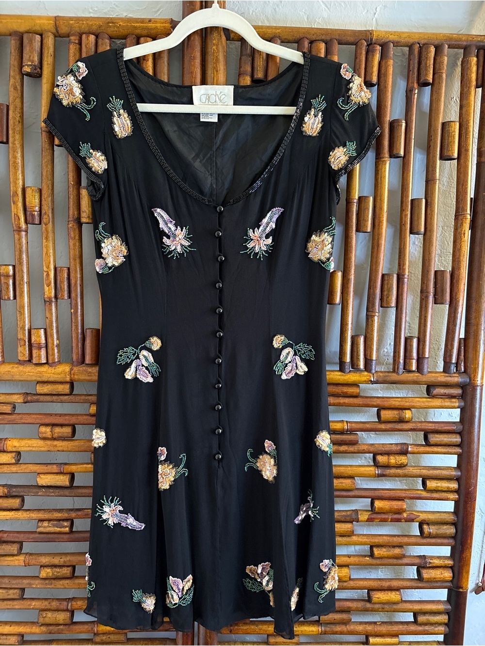 SZ 6 90’s CACHE  100% SILK BLACK BEADED FLORAL WHIMSIGOTH SHIFT DRESS